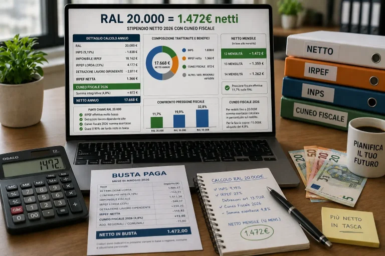 RAL 20000 euro stipendio netto 2026 con cuneo fiscale Italia